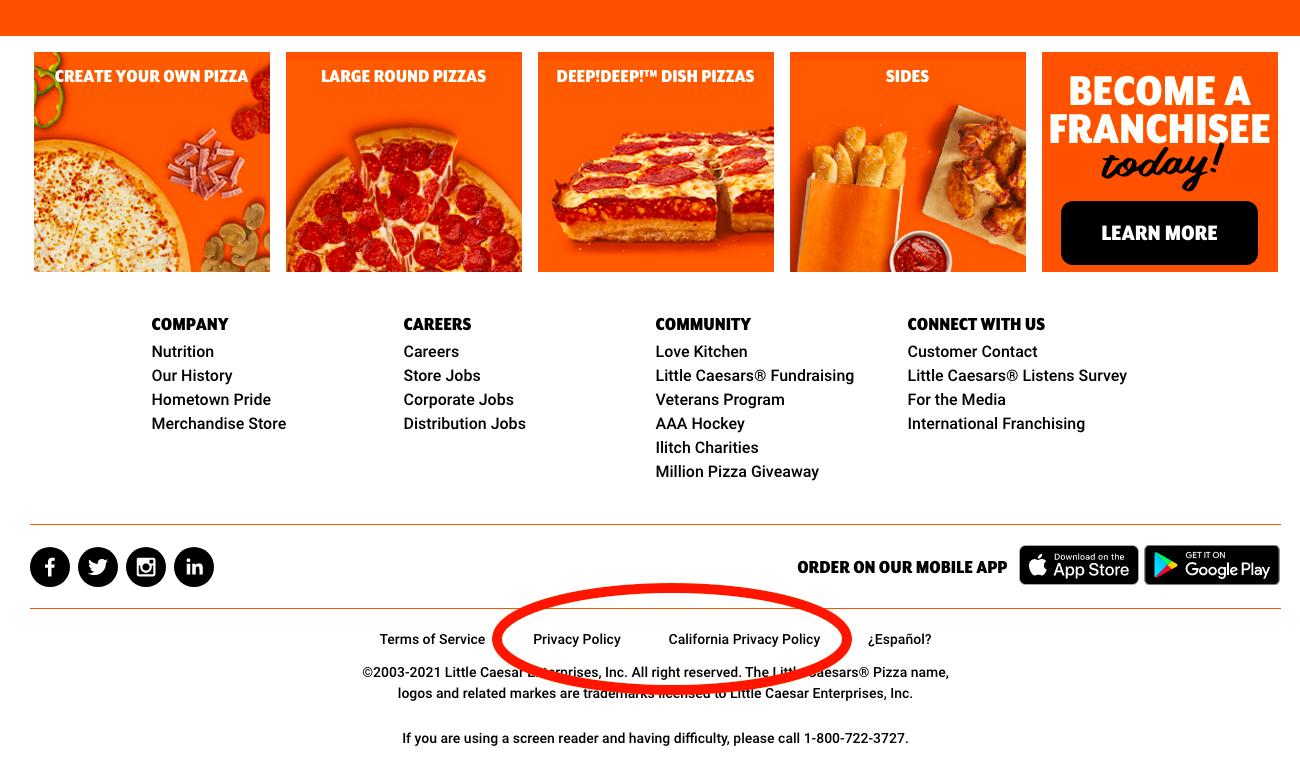 example of privacy policy footer links