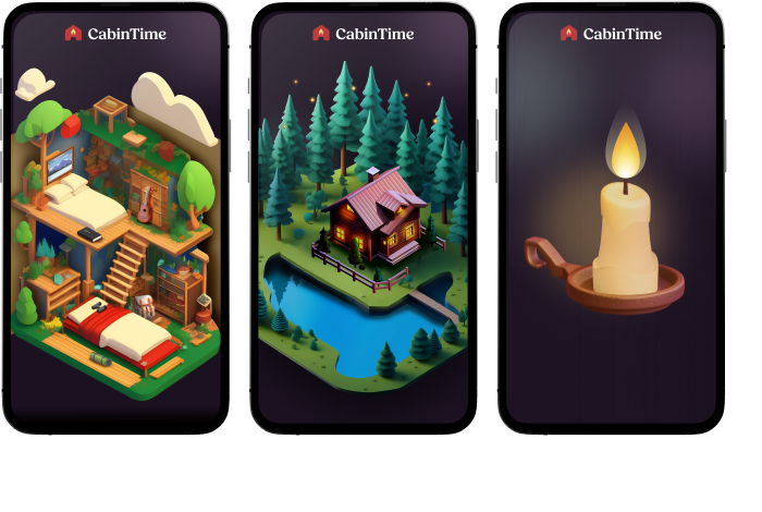 CabinTime mobile app UI with cozy cabin scenes and candle illustration featured in Designli. 