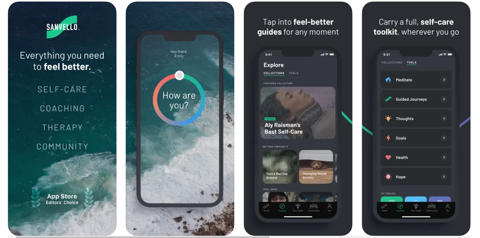 Sanvello app uses emotional design with mood check-ins, meditations, guided journeys, and self-care tools.