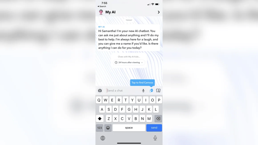 Snapchat interface showing My AI chatbot greeting a user, offering personalized help and casual conversation.
