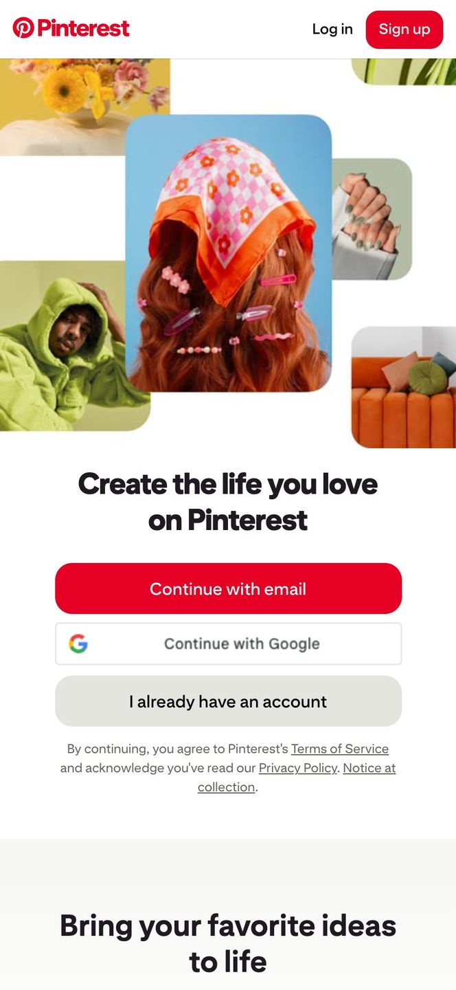 Pinterest's mobile web app home screen