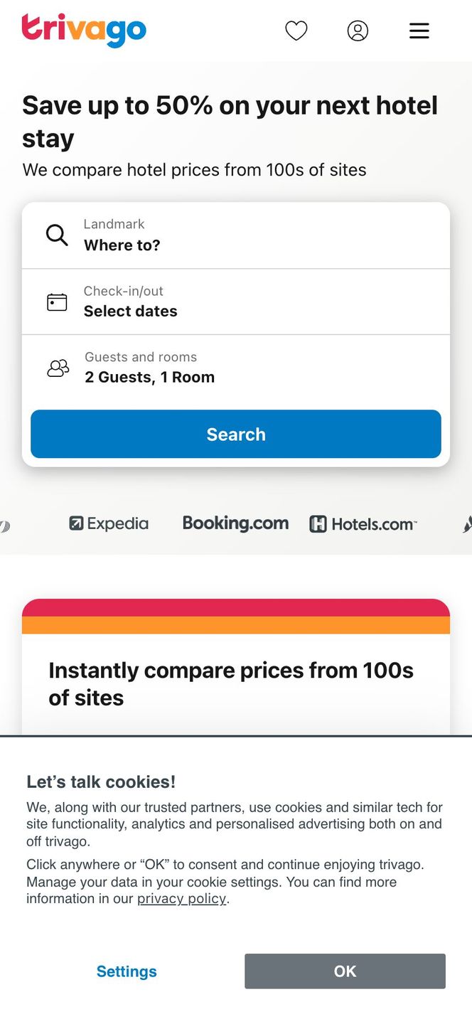 Trivago hotel search on mobile web