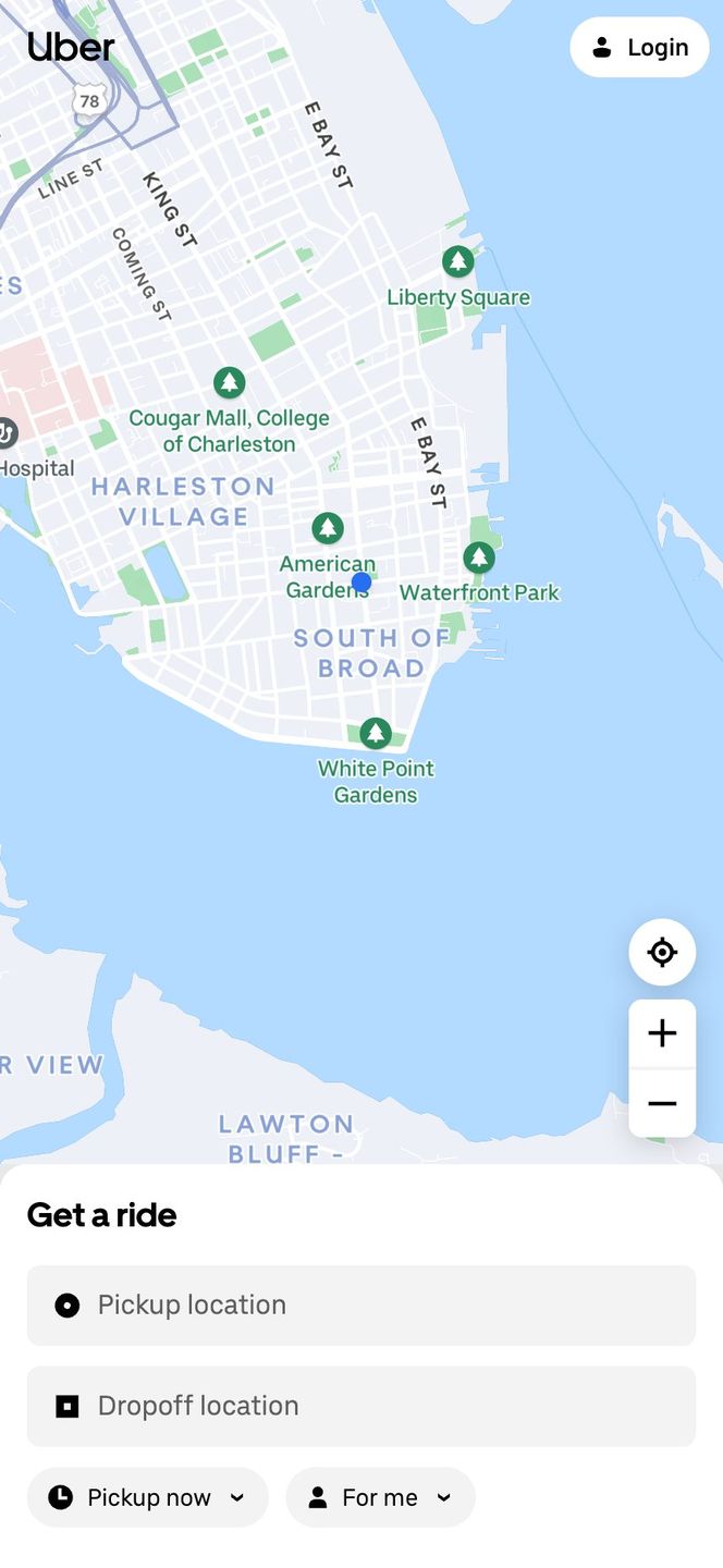Uber's mobile web app showing a map of Charleston
