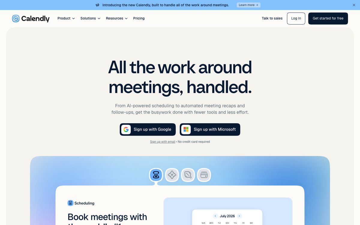 Calendly homepage for scheduling meetings