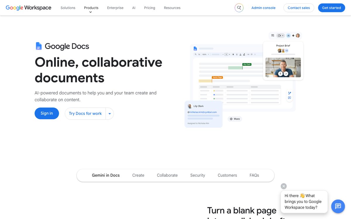 Google Docs product page showing a shared document