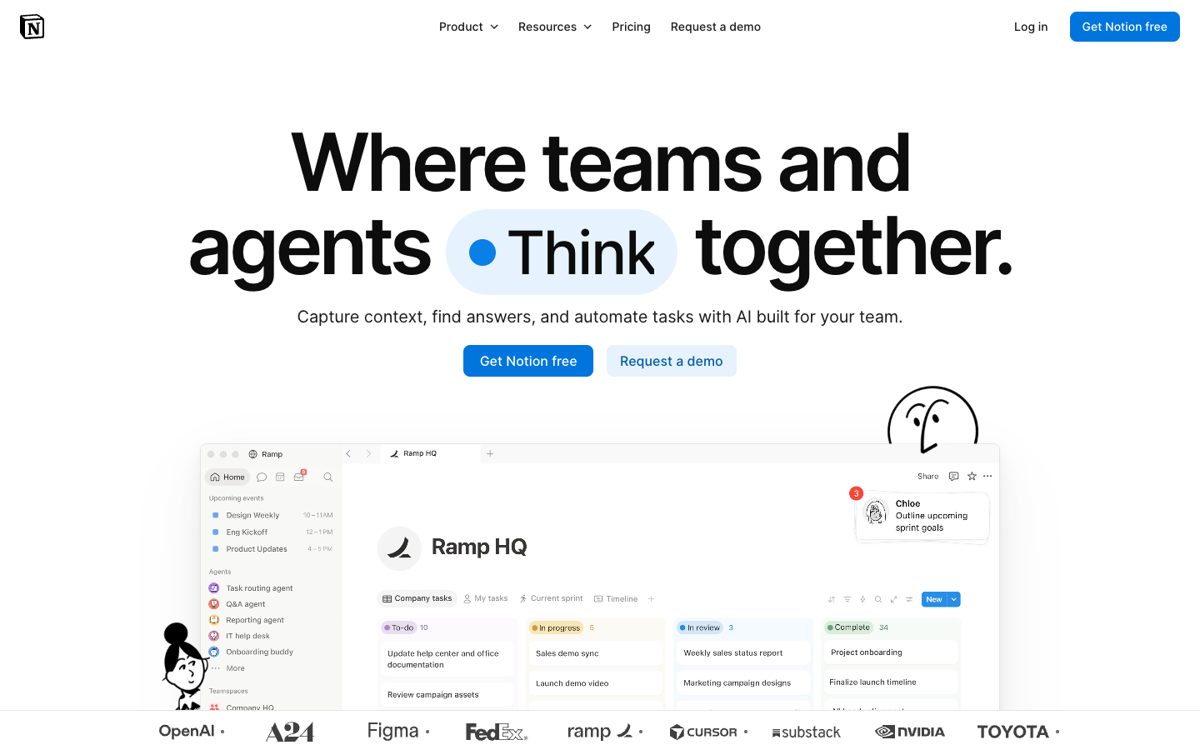 Notion homepage with a preview of a team workspace